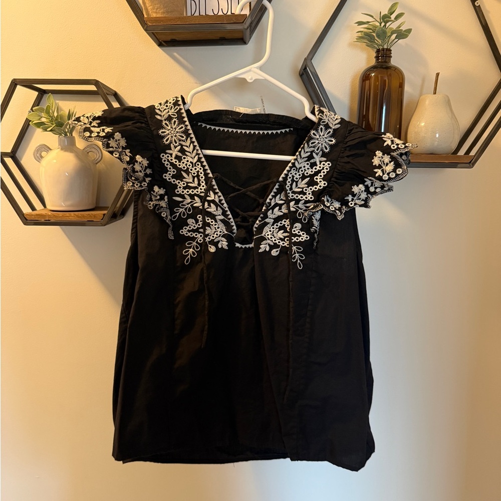 Elan Black Blouse with White Embroidery